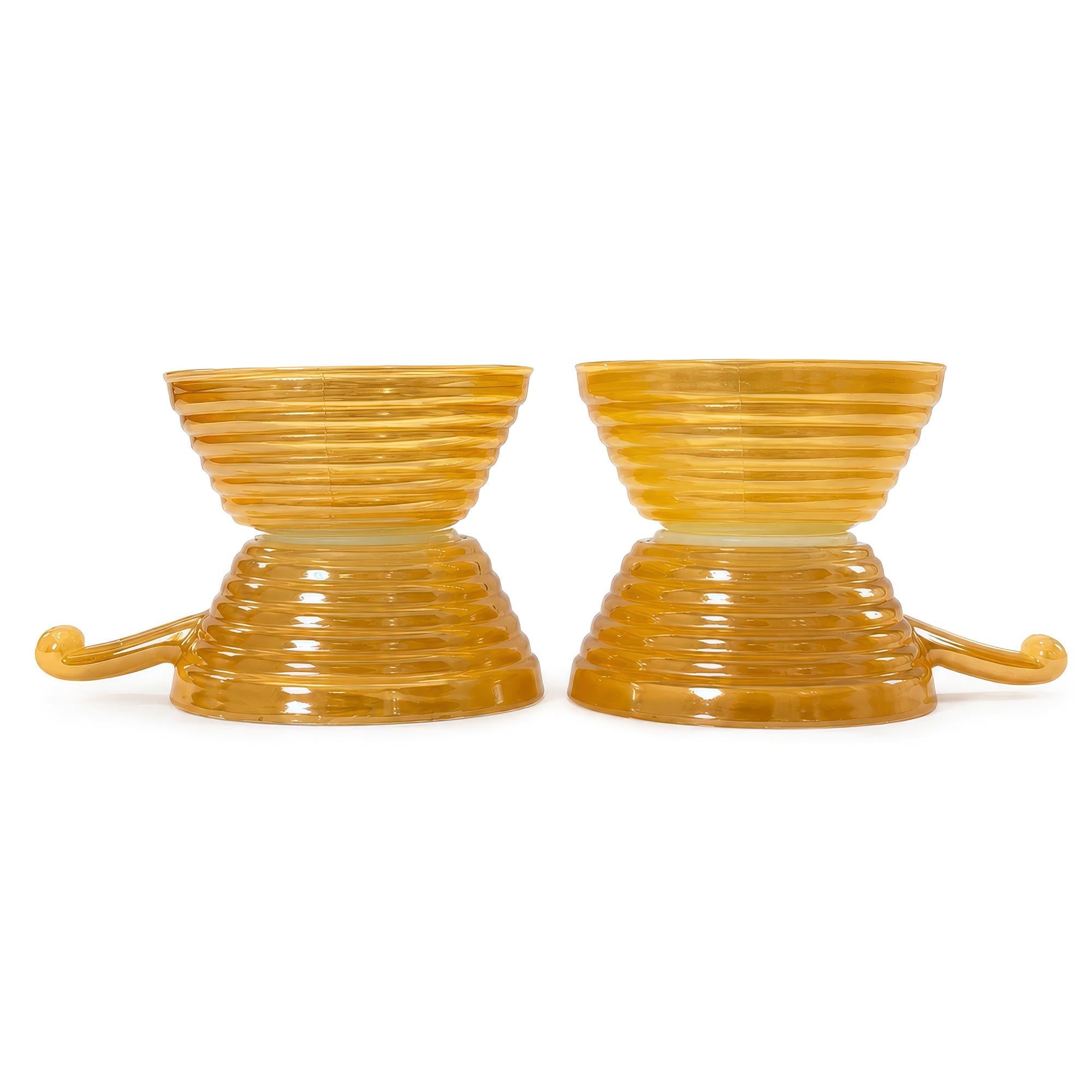 Set of Six Fire King Peach Lustre Handled Soup Bowls, Mid-Century — image 9