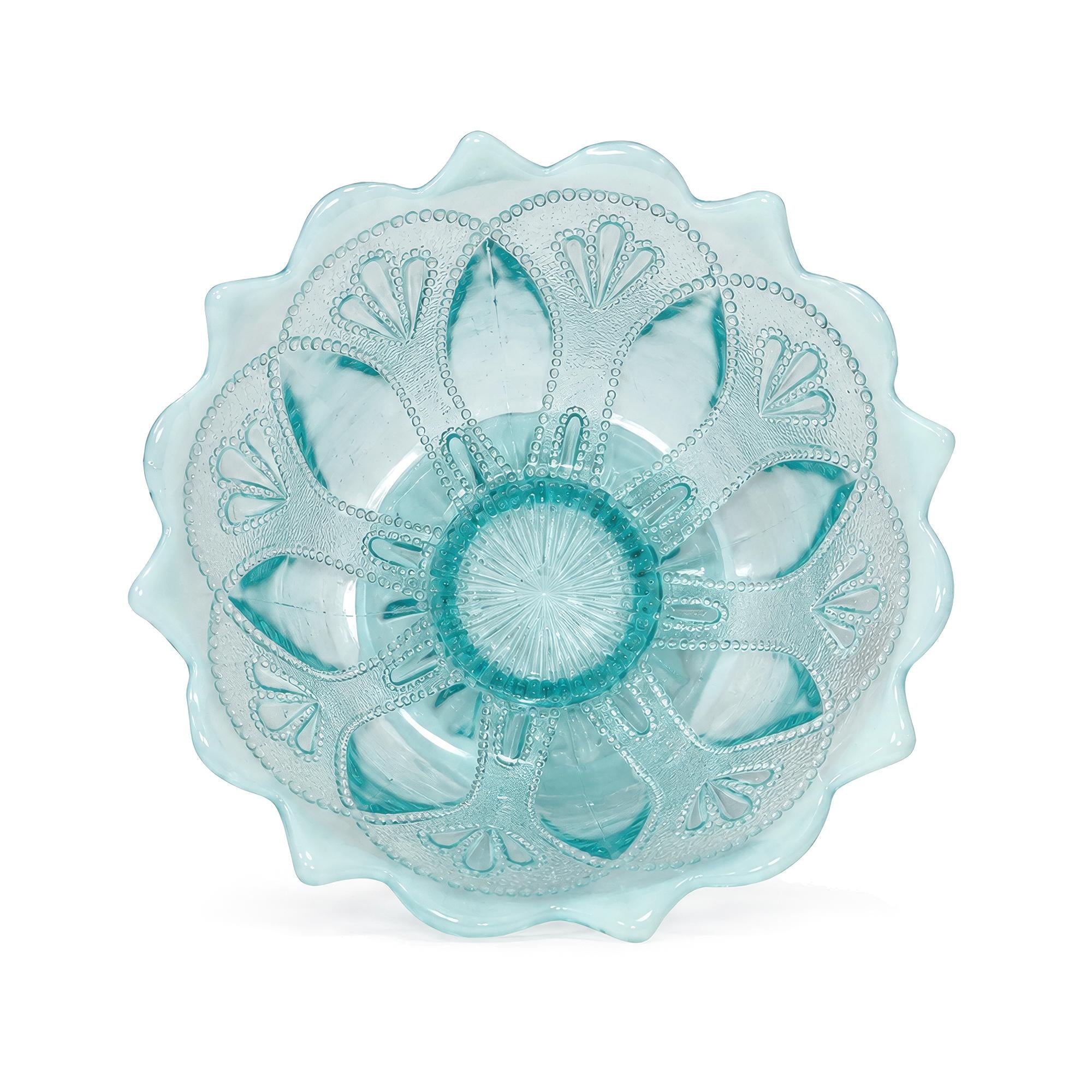 Antique American Blue Opalescent Glass Footed Bowl, Early 20th Century — image 4