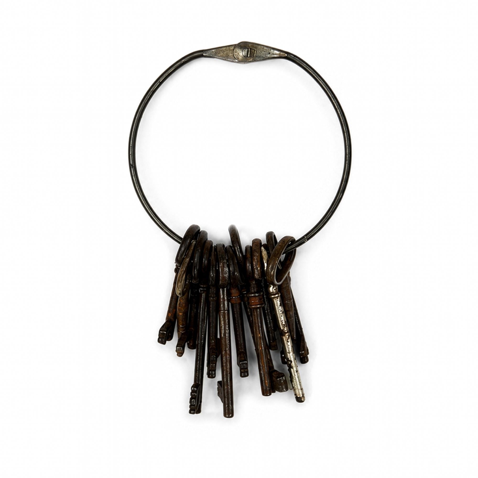 Set of 13 Antique Iron Skeleton Keys on Keeper's Ring, circa 1900