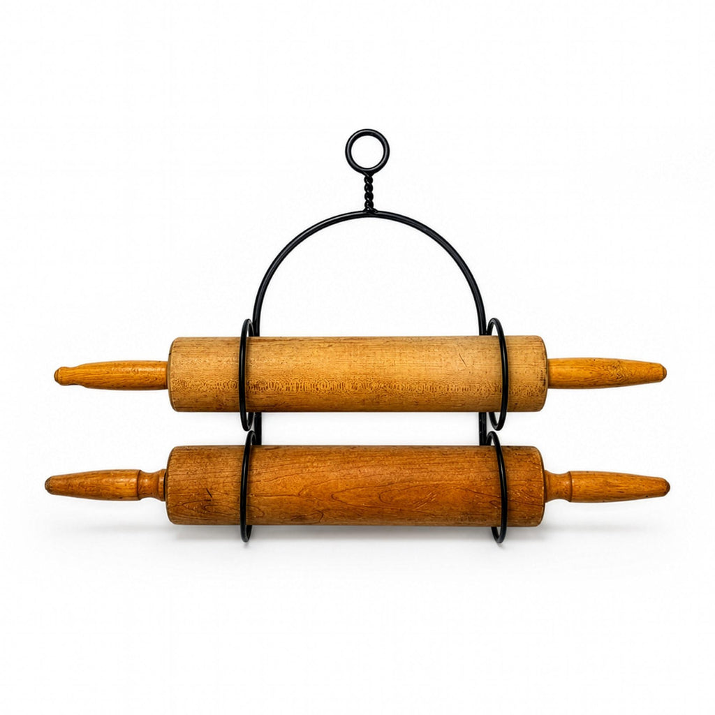 Vintage Wooden Rolling Pins Set with Black Metal Wall Rack, Circa 1970s