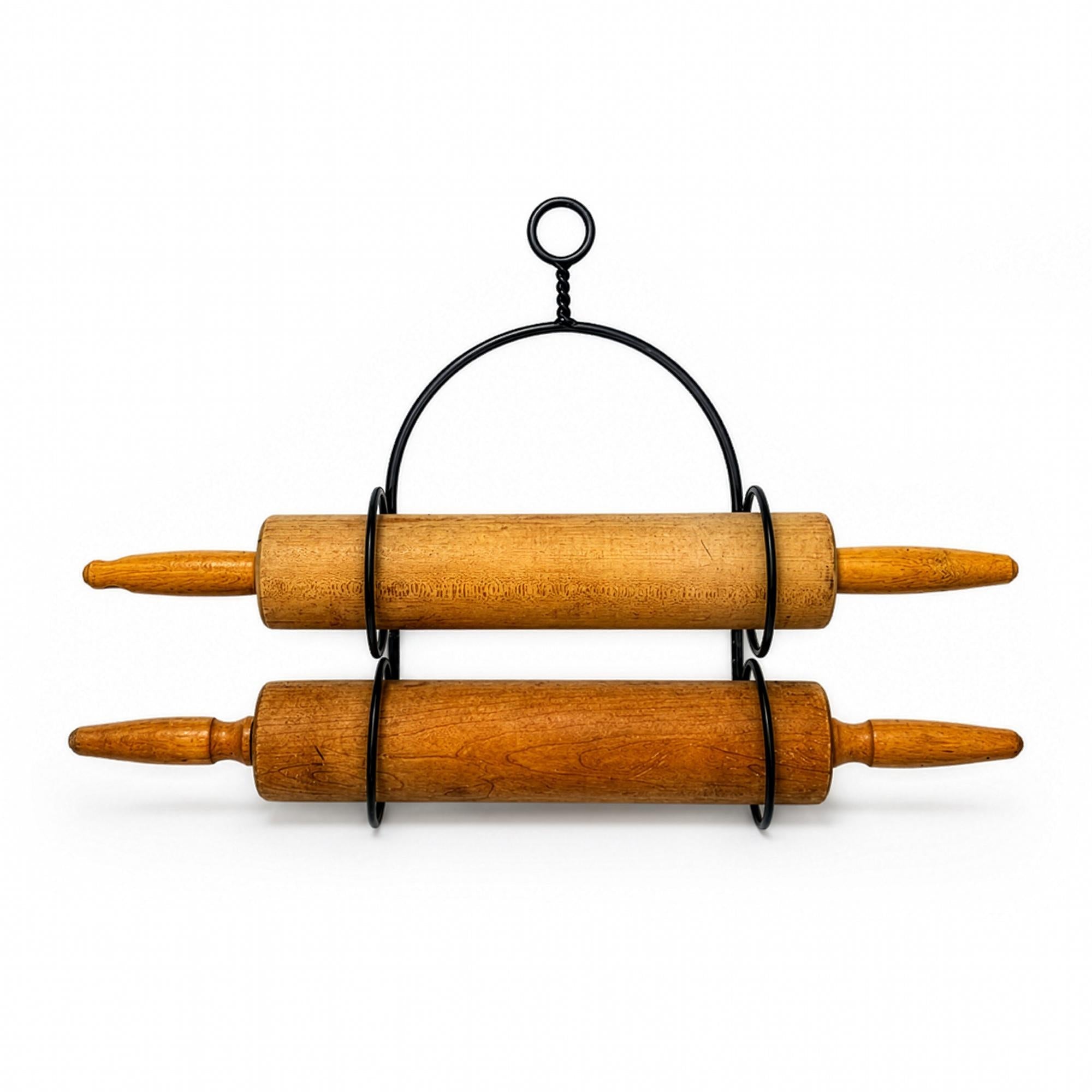 Vintage Wooden Rolling Pins Set with Black Metal Wall Rack, Circa 1970s