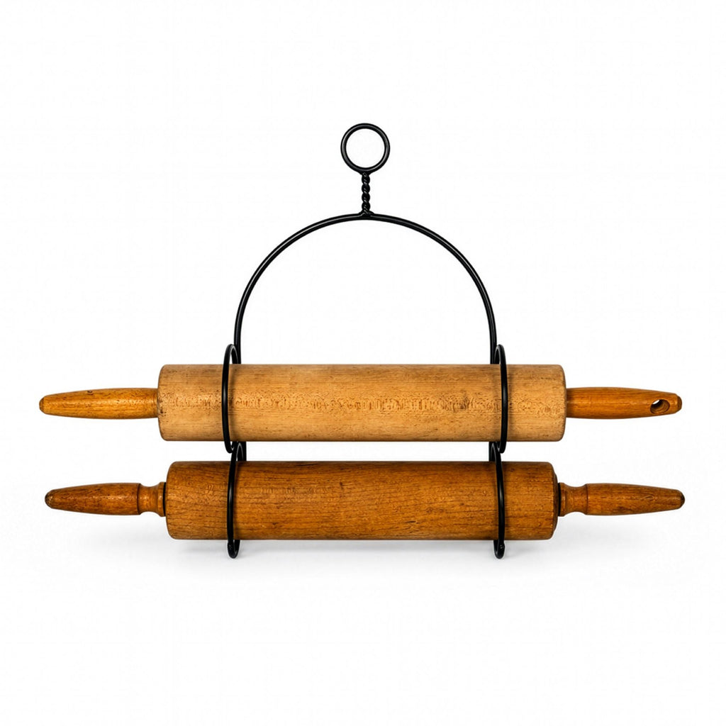 Vintage Wooden Rolling Pins Set with Black Metal Wall Rack, Circa 1970s