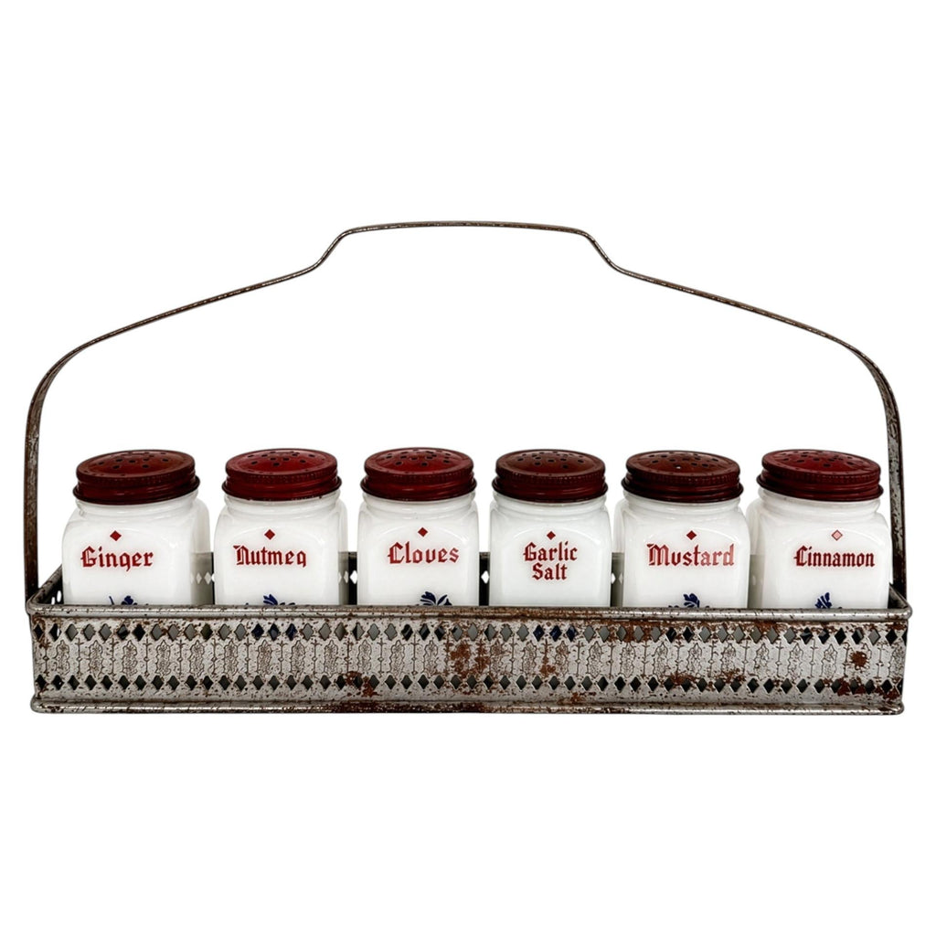 Vintage Milk Glass Spice Jar Set with Red Lids and Metal Rack, Set of 7