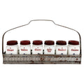 Vintage Milk Glass Spice Jar Set with Red Lids and Metal Rack, Set of 7