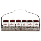 Vintage Milk Glass Spice Jar Set with Red Lids and Metal Rack, Set of 7