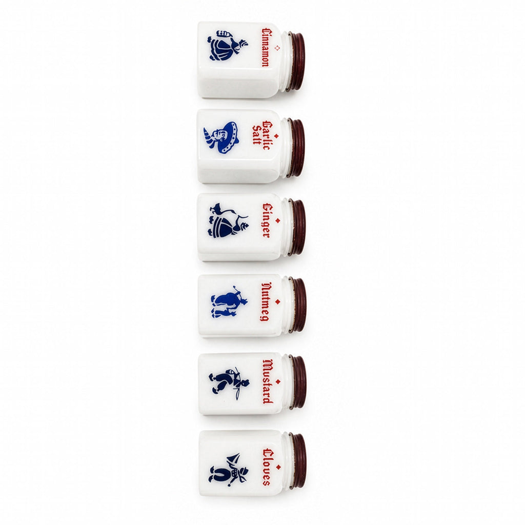 Vintage Milk Glass Spice Jar Set with Red Lids and Metal Rack, Set of 7