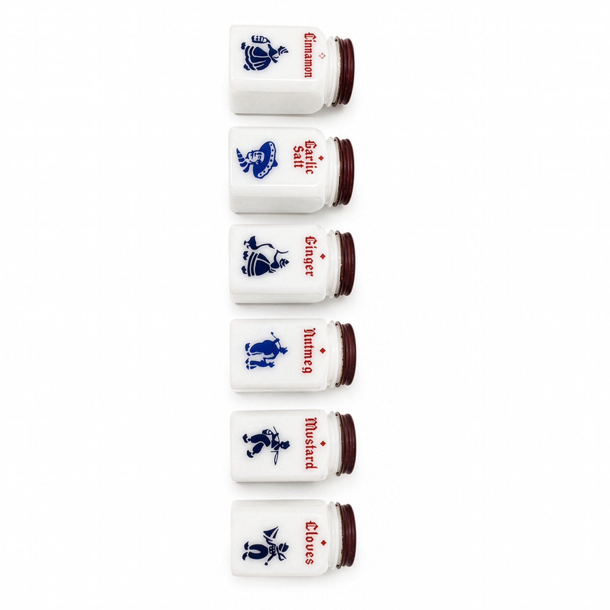 Vintage Milk Glass Spice Jar Set with Red Lids and Metal Rack, Set of 7