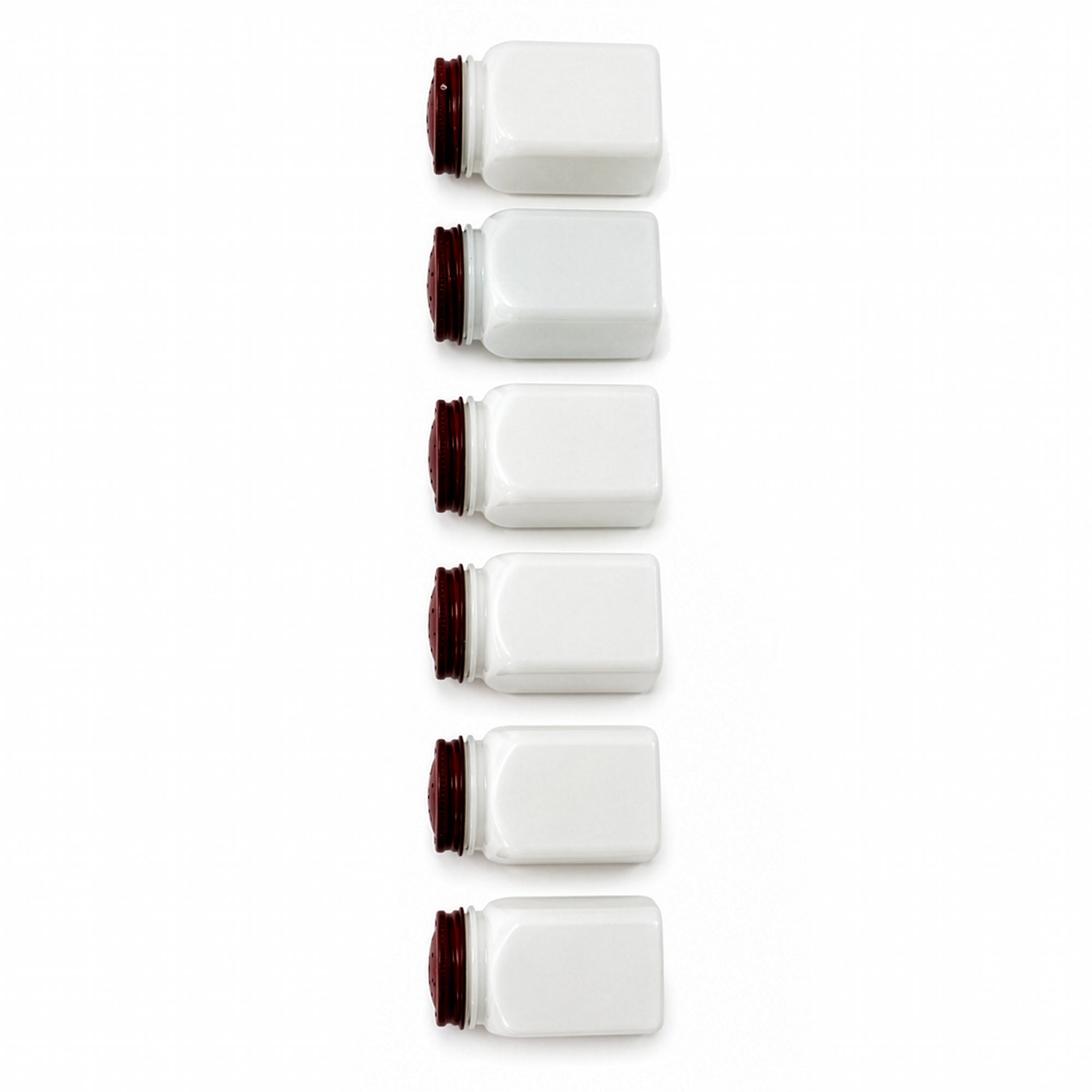 Vintage Milk Glass Spice Jar Set with Red Lids and Metal Rack, Set of 7