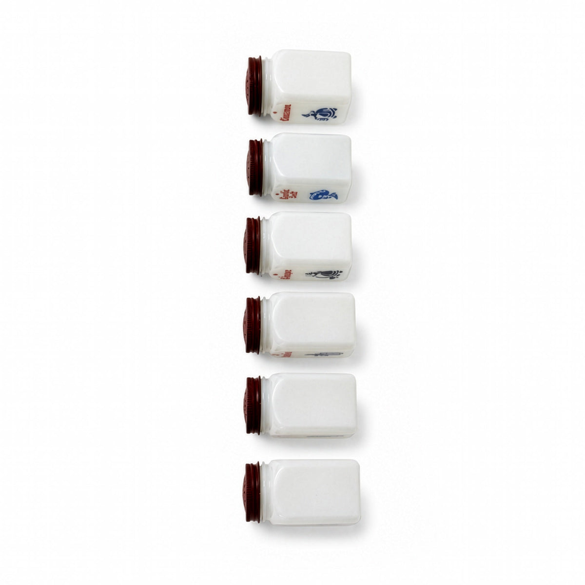 Vintage Milk Glass Spice Jar Set with Red Lids and Metal Rack, Set of 7