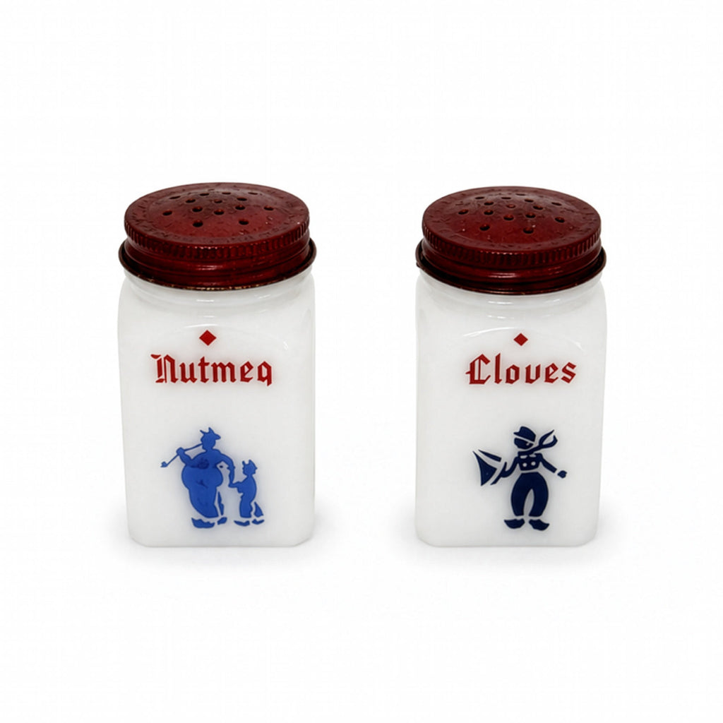 Vintage Milk Glass Spice Jar Set with Red Lids and Metal Rack, Set of 7