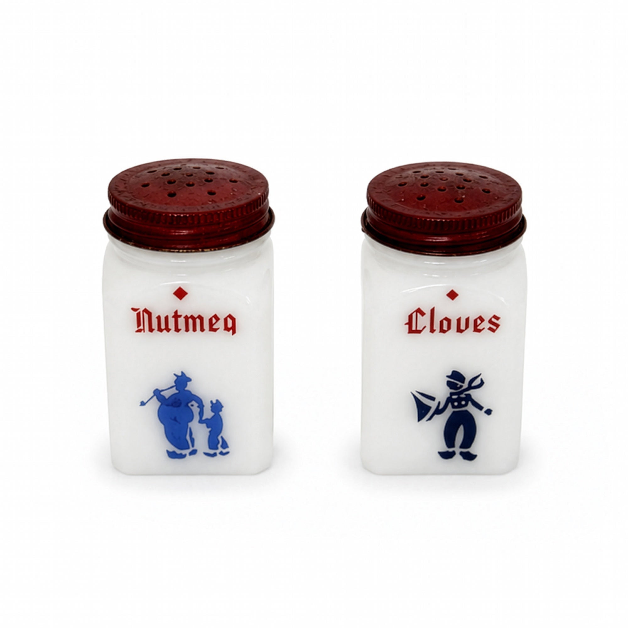 Vintage Milk Glass Spice Jar Set with Red Lids and Metal Rack, Set of 7