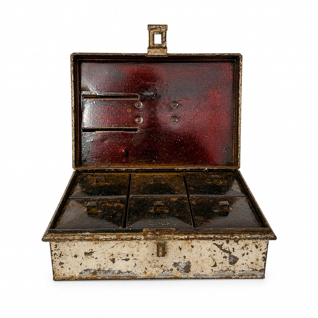 Antique Kreamer Spice Lock Box, Tin-Plated Steel, Six Tins, Circa 1920