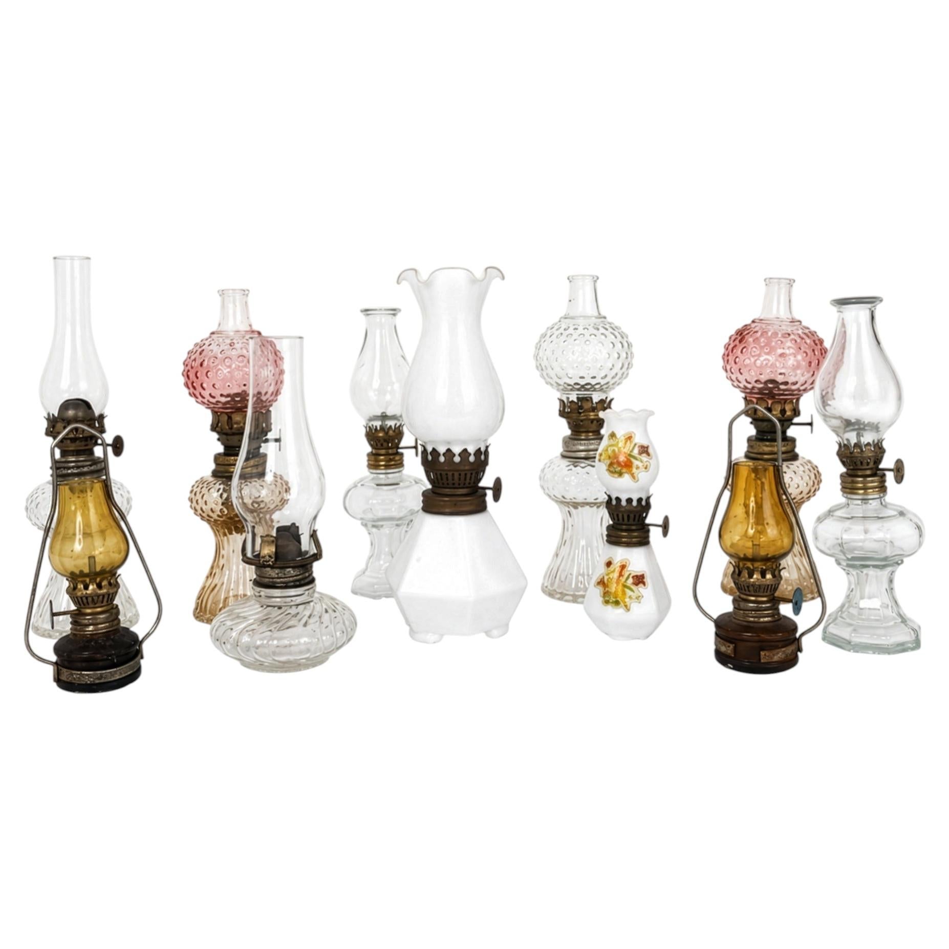 Collection of 11 Miniature Glass Oil Lamps, Antique &amp; Vintage, 1900