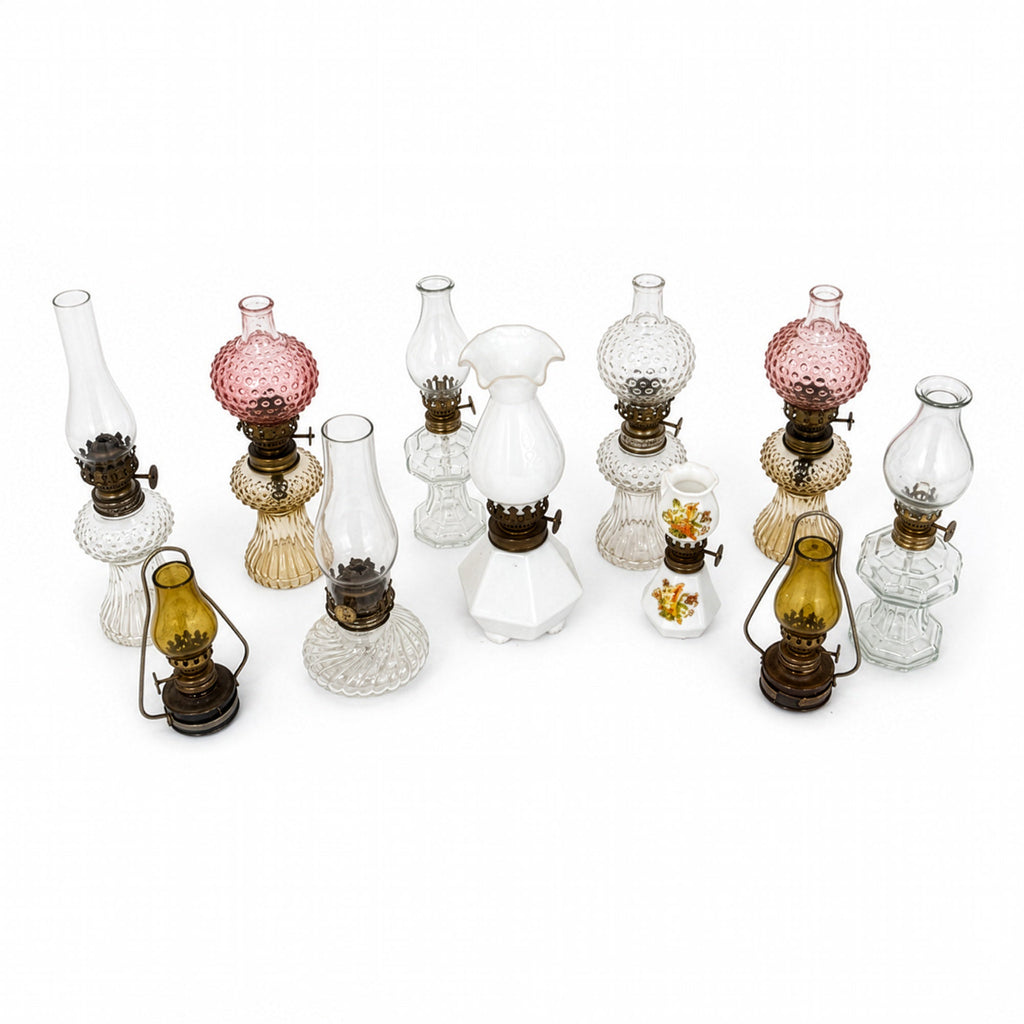 Collection of 11 Miniature Glass Oil Lamps, Antique &amp; Vintage, 1900