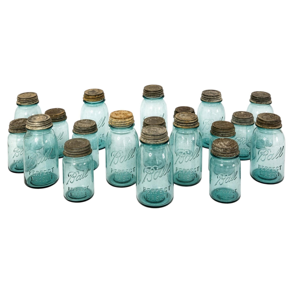 Set of 20 Antique Blue Ball Mason Jars with Zinc Lids, Circa 1890