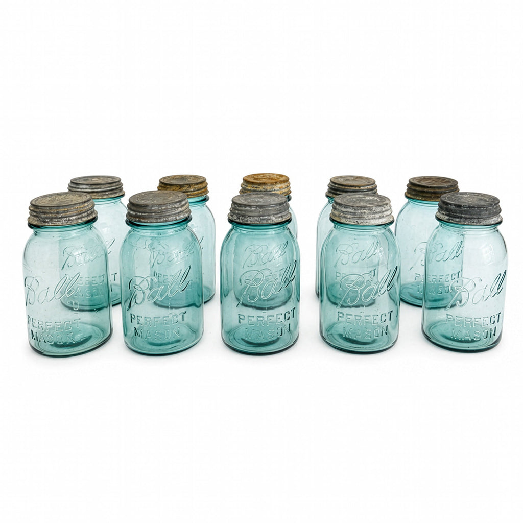 Set of 20 Antique Blue Ball Mason Jars with Zinc Lids, Circa 1890