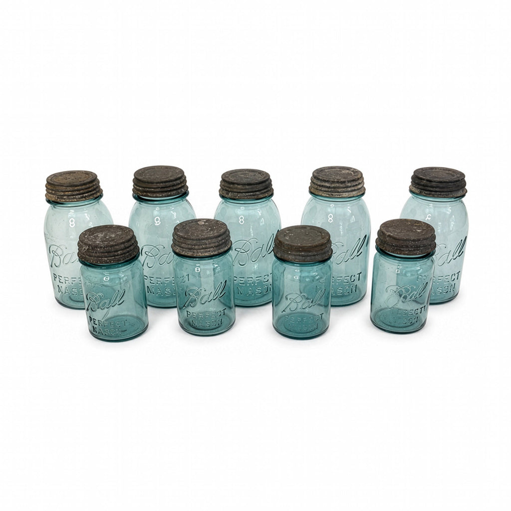 Set of 20 Antique Blue Ball Mason Jars with Zinc Lids, Circa 1890