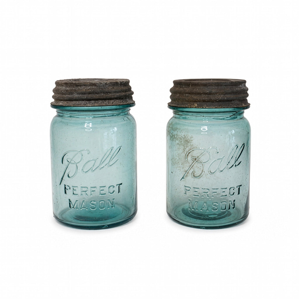 Set of 20 Antique Blue Ball Mason Jars with Zinc Lids, Circa 1890