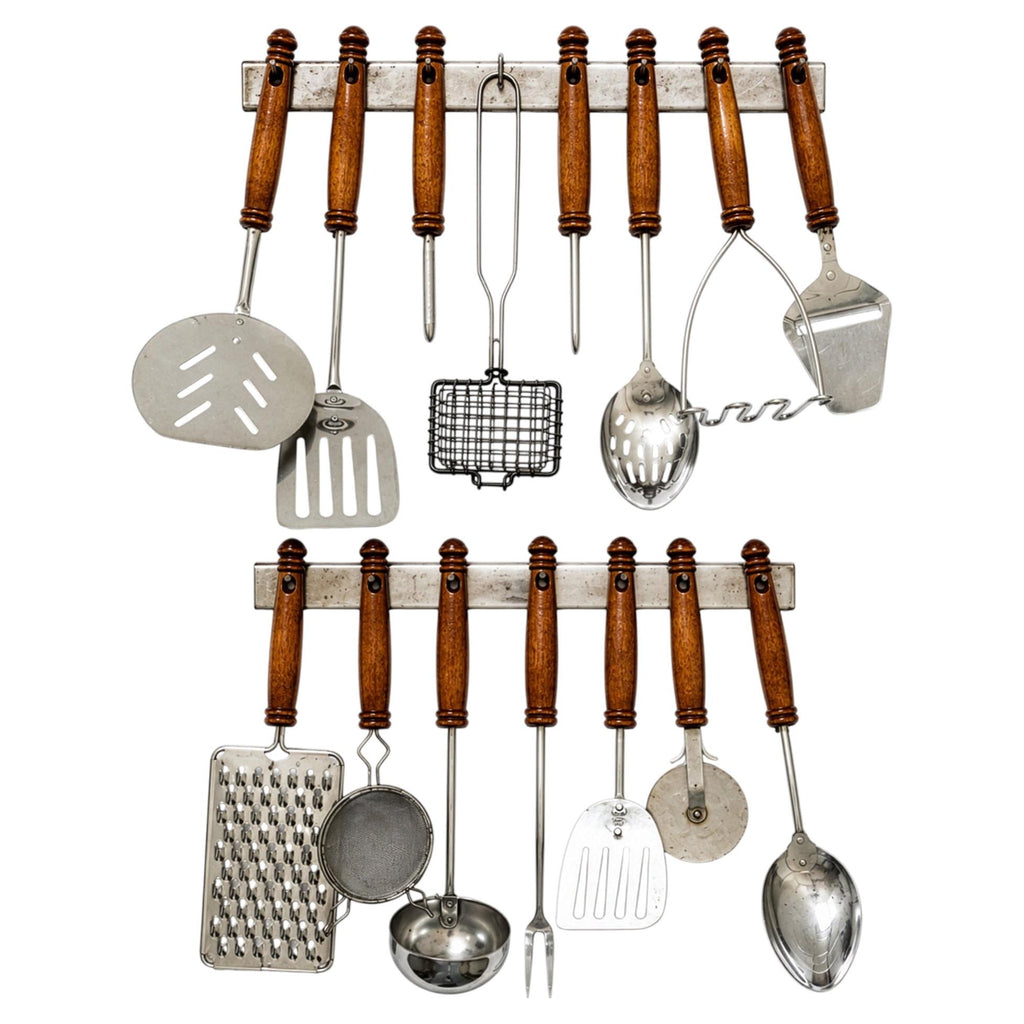 Vintage Ekco 15-Piece Kitchen Utensil Set, Chrome &amp; Wood, Wall Rack