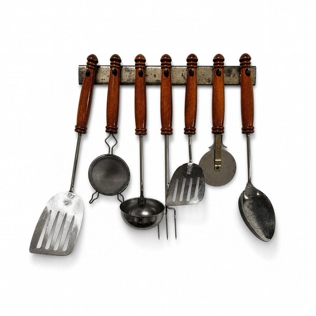 Vintage Ekco 15-Piece Kitchen Utensil Set, Chrome &amp; Wood, Wall Rack