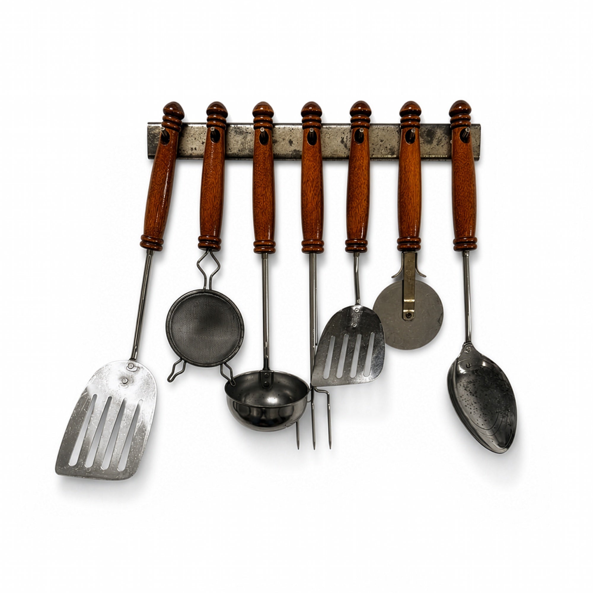 Vintage Ekco 15-Piece Kitchen Utensil Set, Chrome &amp; Wood, Wall Rack