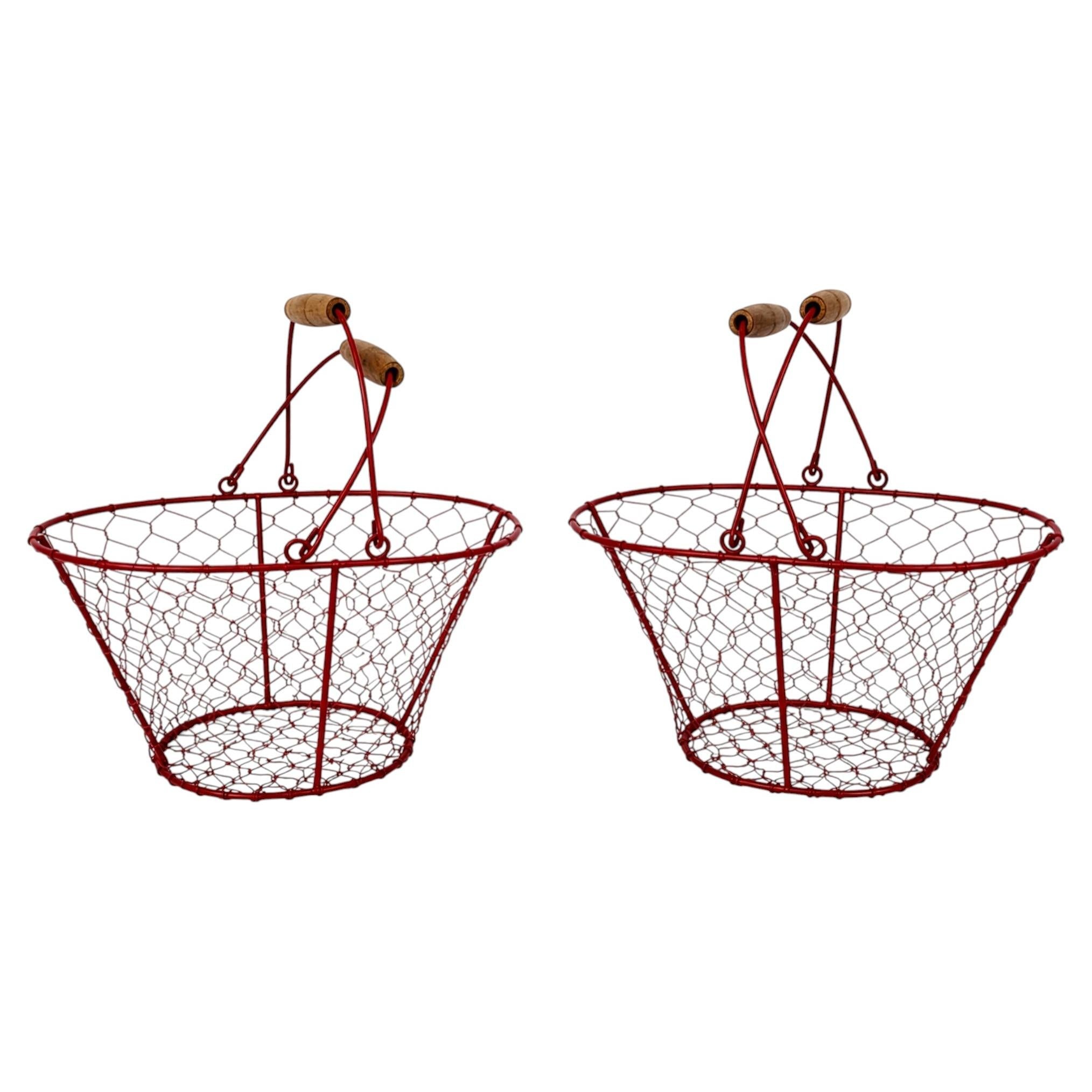 Pair of Vintage Red Wire Farmhouse Egg Baskets with Wood Handles