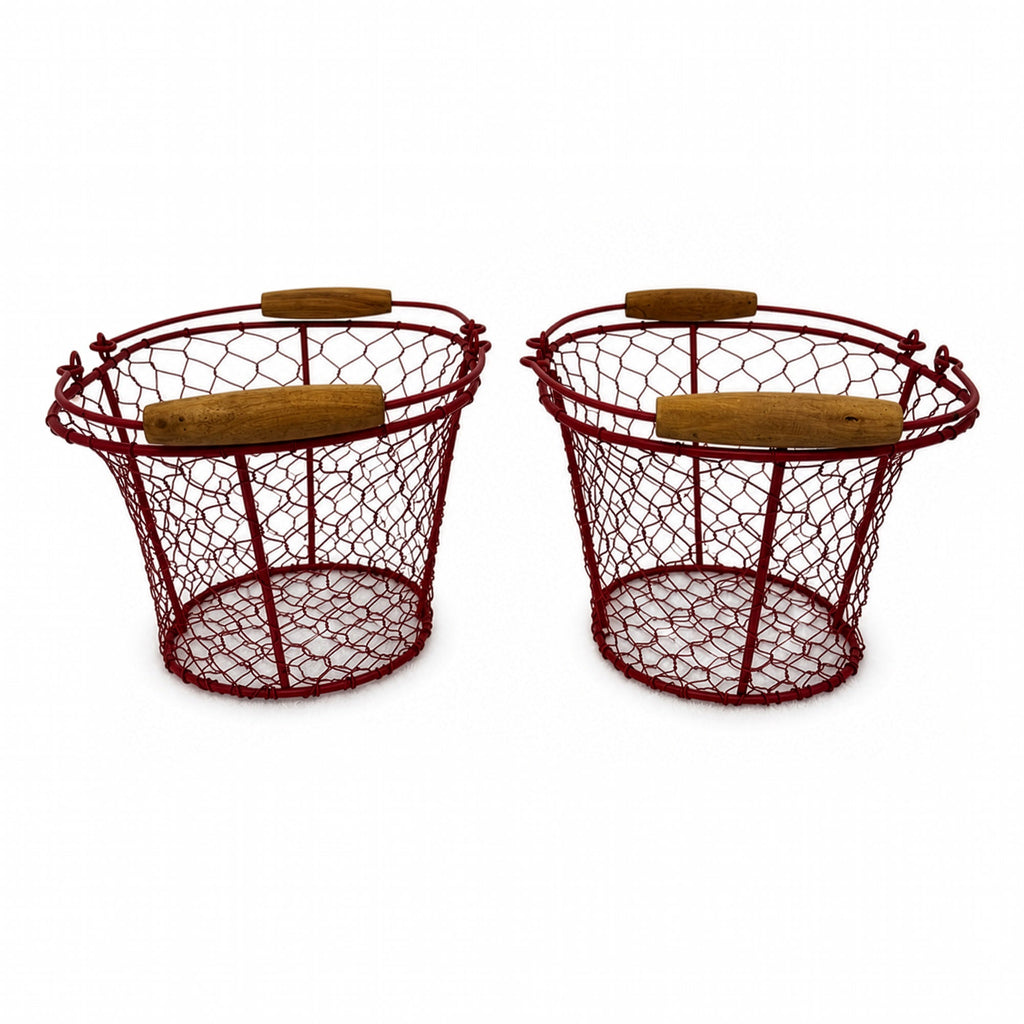 Pair of Vintage Red Wire Farmhouse Egg Baskets with Wood Handles