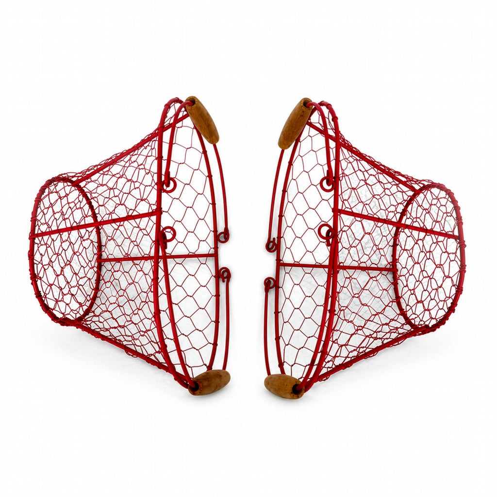 Pair of Vintage Red Wire Farmhouse Egg Baskets with Wood Handles