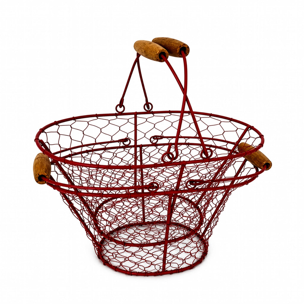 Pair of Vintage Red Wire Farmhouse Egg Baskets with Wood Handles