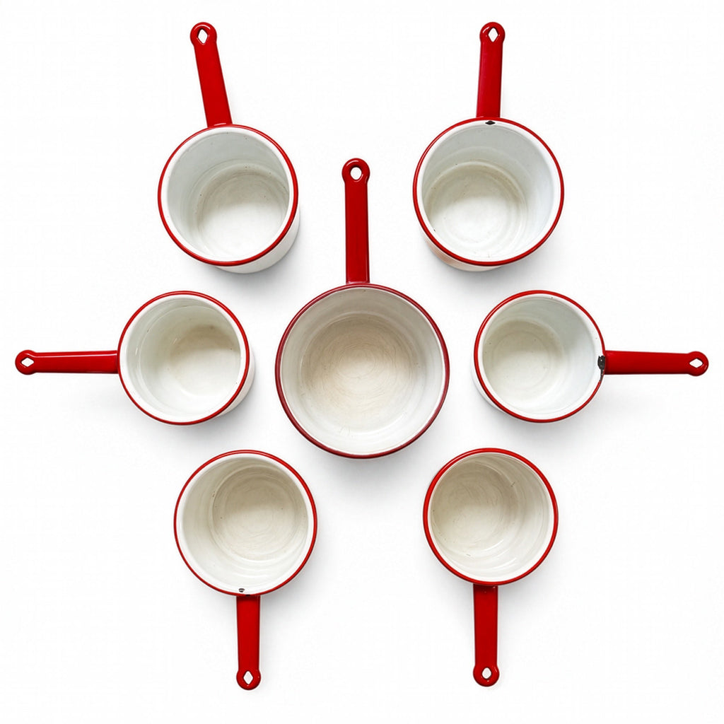 Vintage White Enamelware Cookware Collection with Red Trim, Set of 8