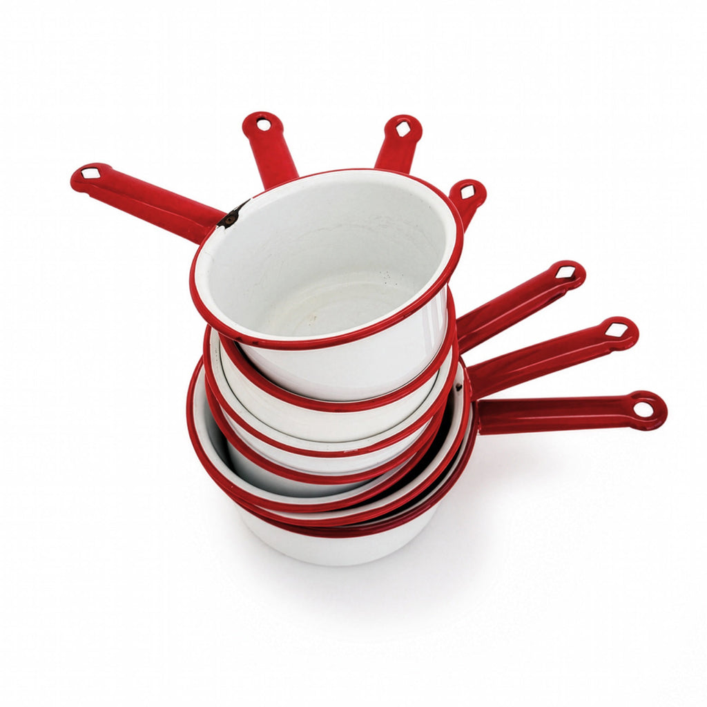 Vintage White Enamelware Cookware Collection with Red Trim, Set of 8