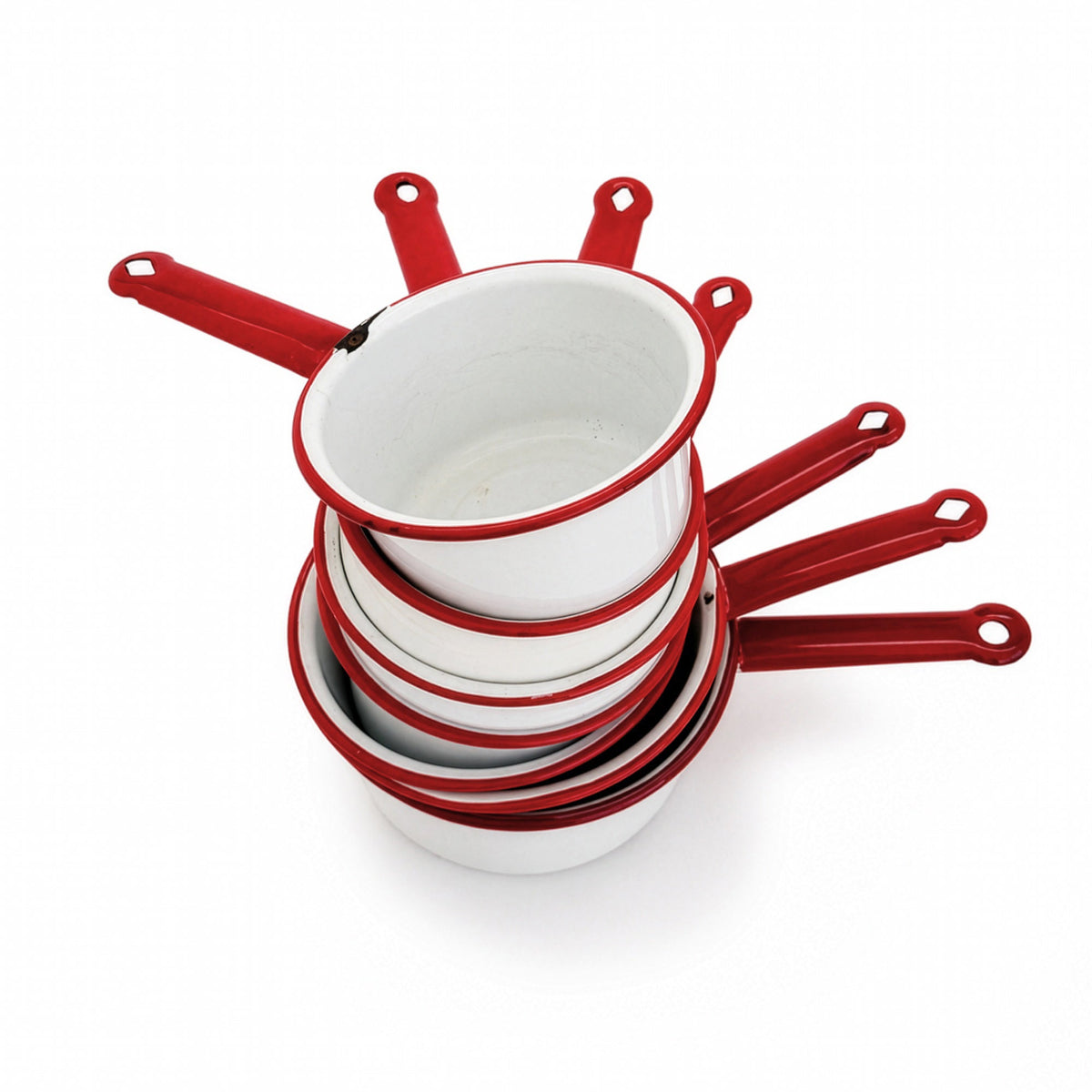 Vintage White Enamelware Cookware Collection with Red Trim, Set of 8