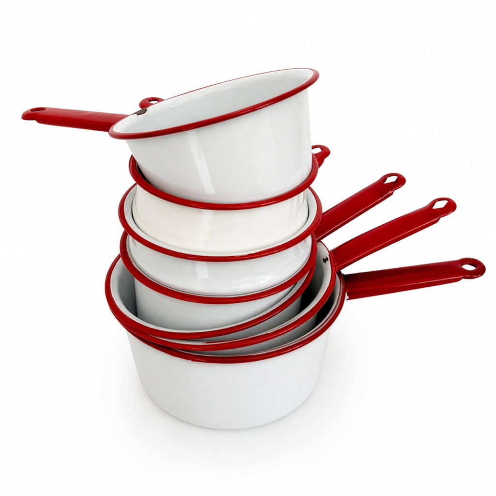 Vintage White Enamelware Cookware Collection with Red Trim, Set of 8