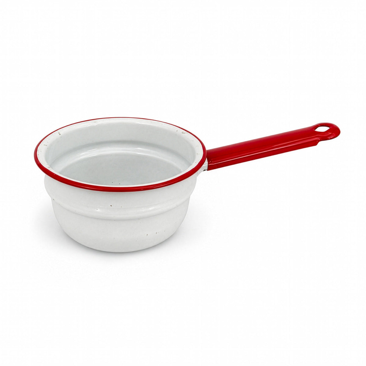 Vintage White Enamelware Cookware Collection with Red Trim, Set of 8