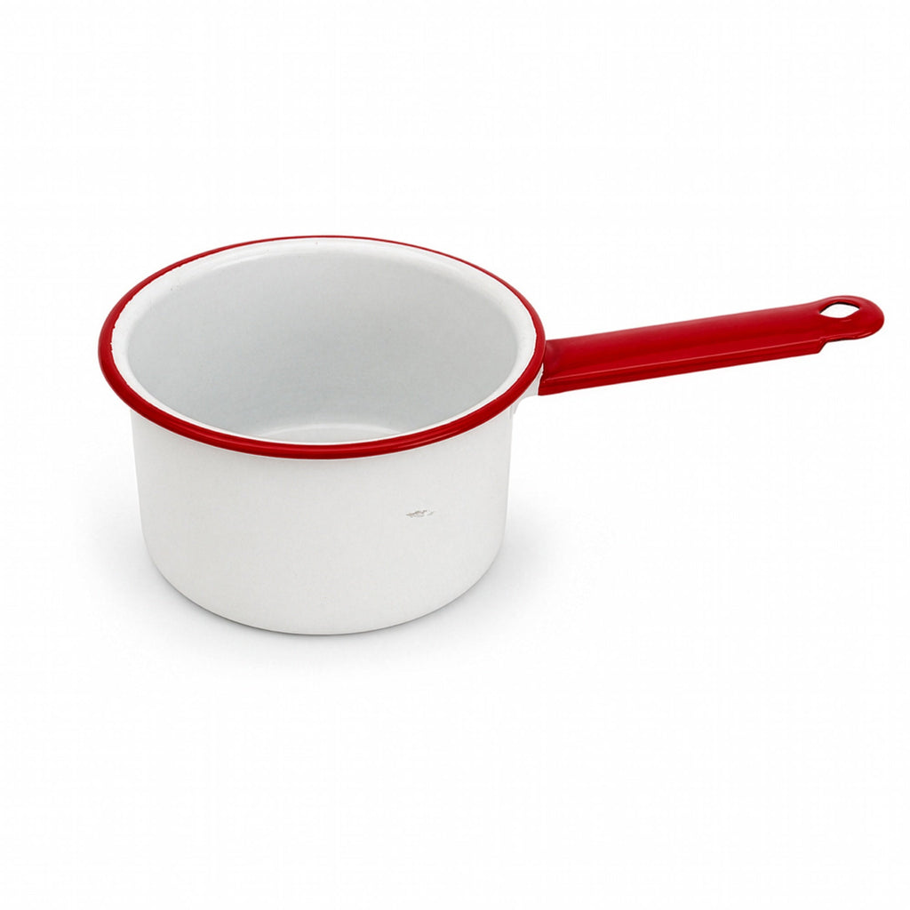 Vintage White Enamelware Cookware Collection with Red Trim, Set of 8
