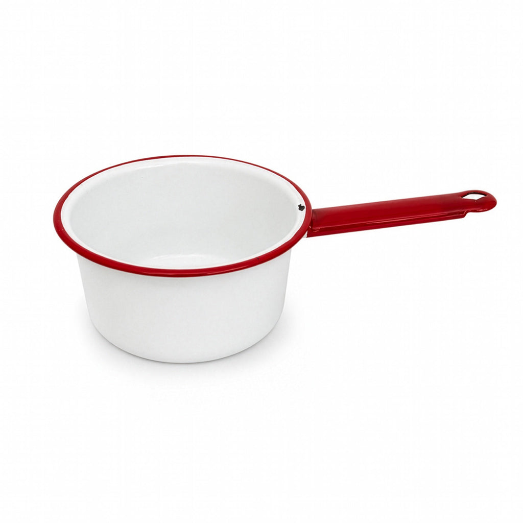 Vintage White Enamelware Cookware Collection with Red Trim, Set of 8