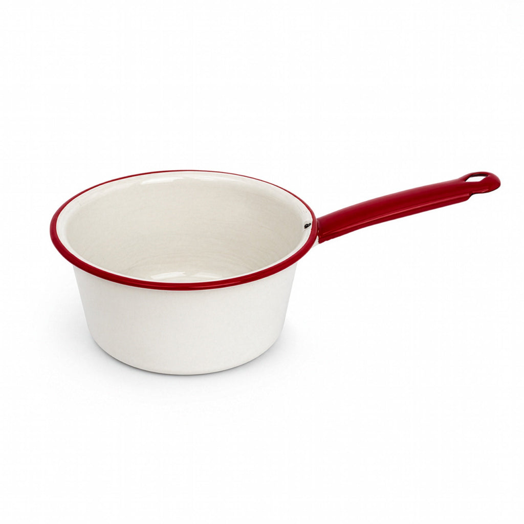 Vintage White Enamelware Cookware Collection with Red Trim, Set of 8
