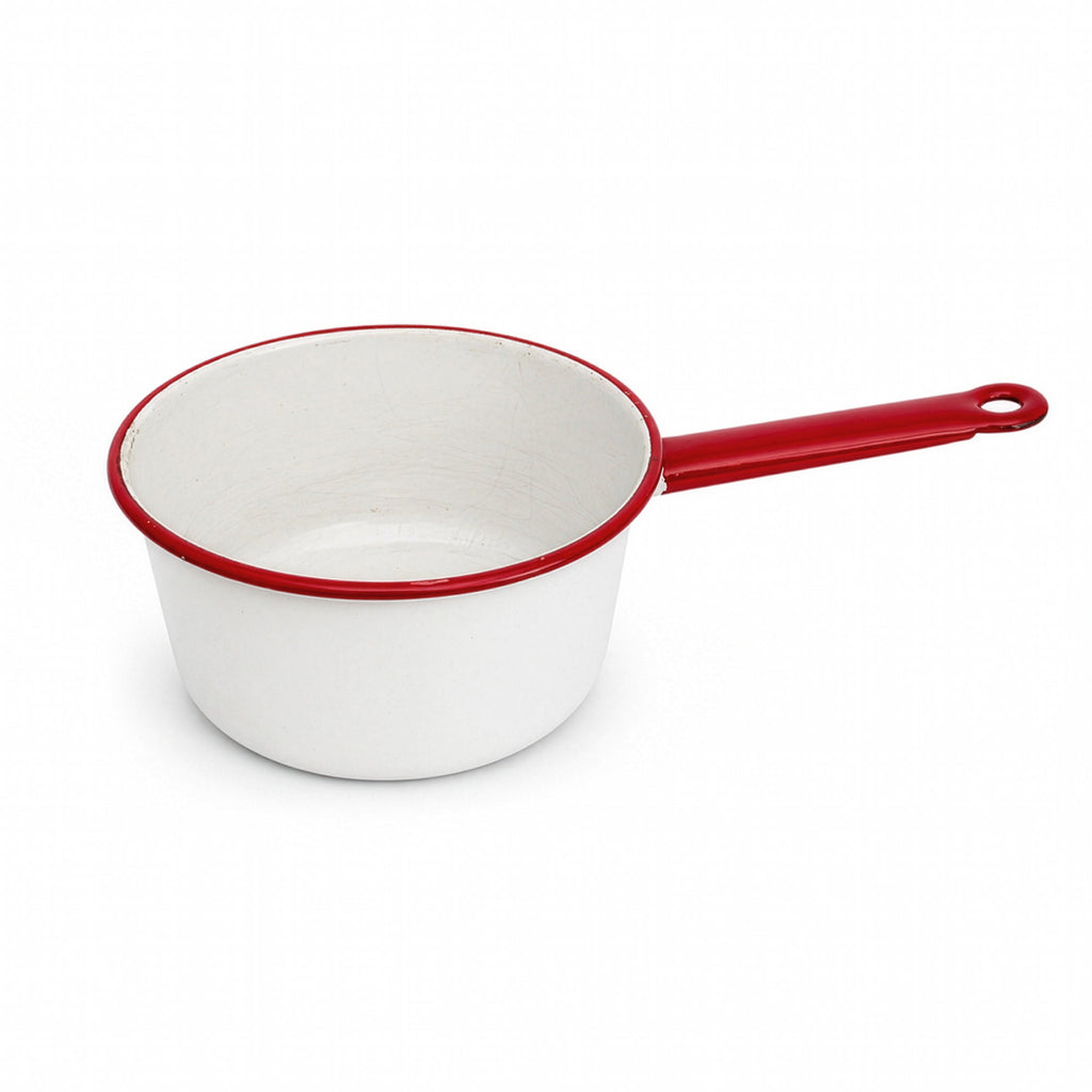 Vintage White Enamelware Cookware Collection with Red Trim, Set of 8