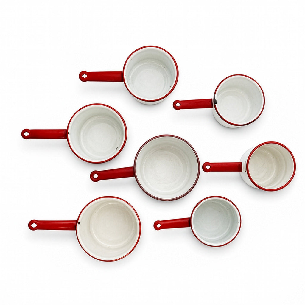 Vintage White Enamelware Cookware Collection with Red Trim, Set of 8