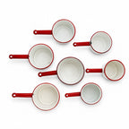 Vintage White Enamelware Cookware Collection with Red Trim, Set of 8