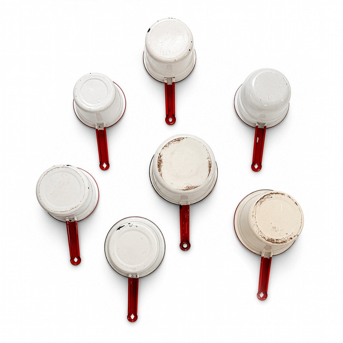 Vintage White Enamelware Cookware Collection with Red Trim, Set of 8