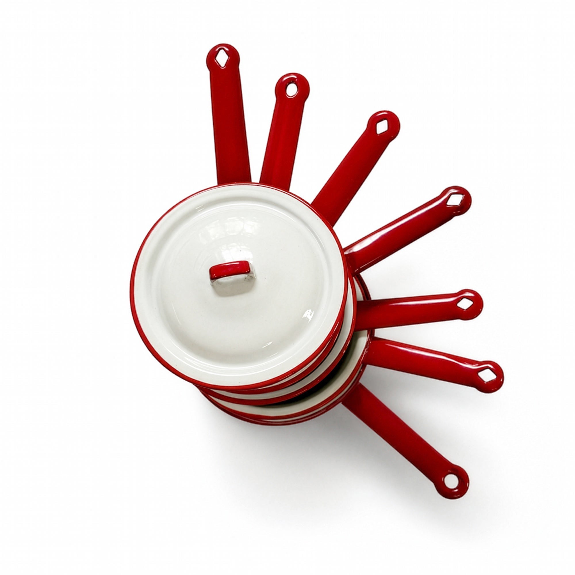 Vintage White Enamelware Cookware Collection with Red Trim, Set of 8