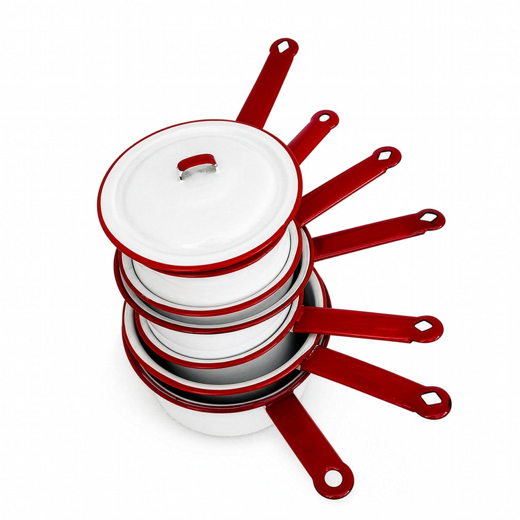Vintage White Enamelware Cookware Collection with Red Trim, Set of 8
