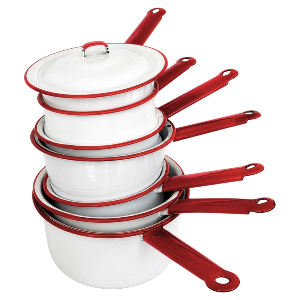 Vintage White Enamelware Cookware Collection with Red Trim, Set of 8