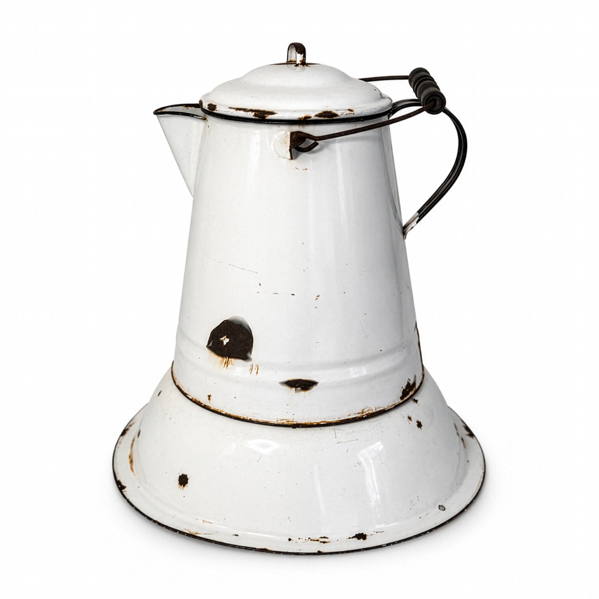 Vintage White &amp; Black Enamelware Coffee Pot and Wash Basin Set, 1920s