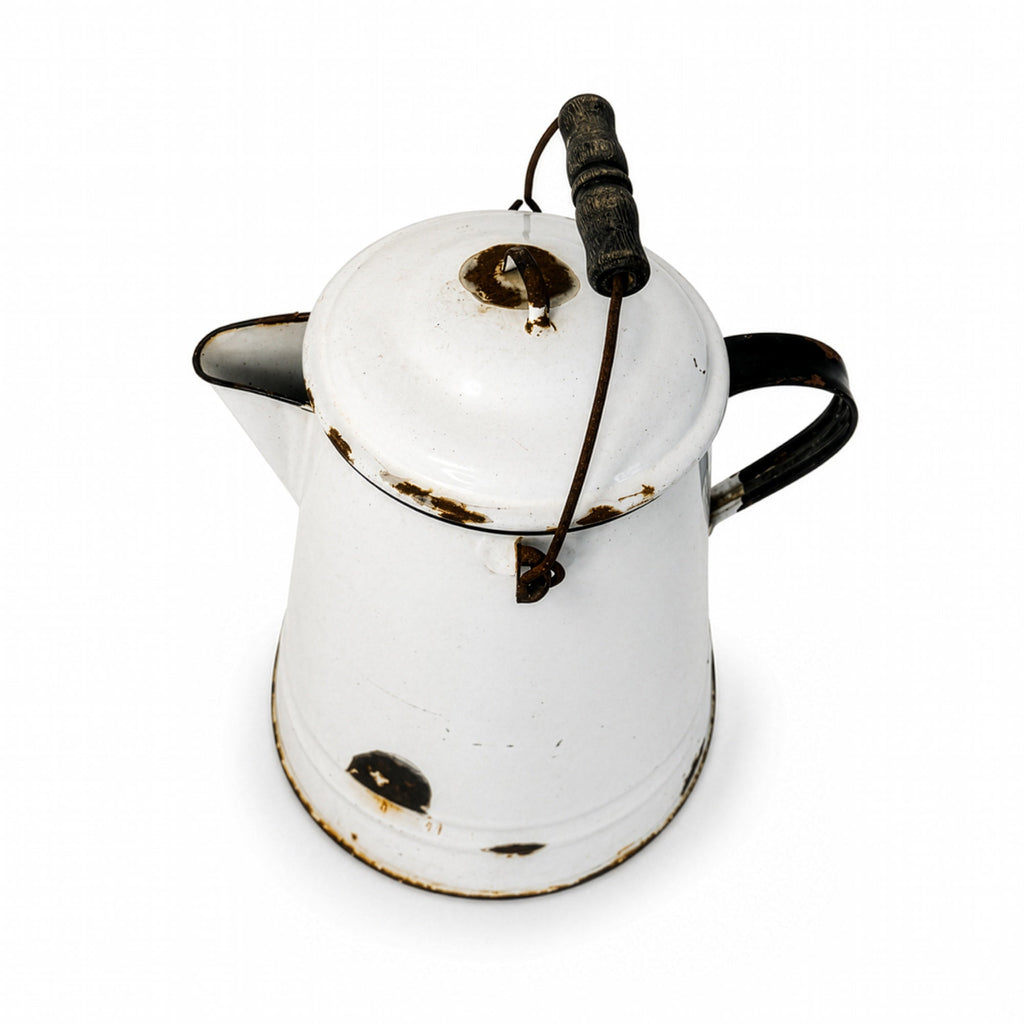 Vintage White &amp; Black Enamelware Coffee Pot and Wash Basin Set, 1920s