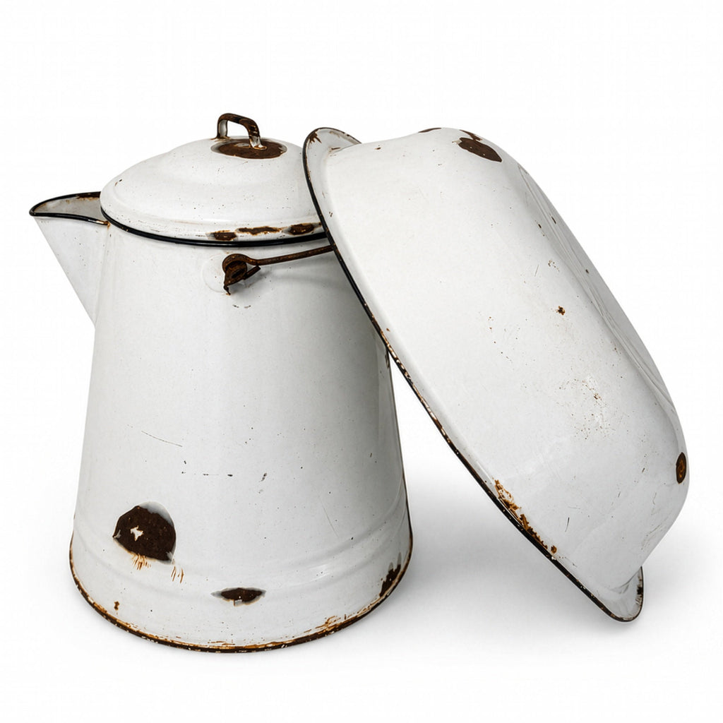 Vintage White &amp; Black Enamelware Coffee Pot and Wash Basin Set, 1920s