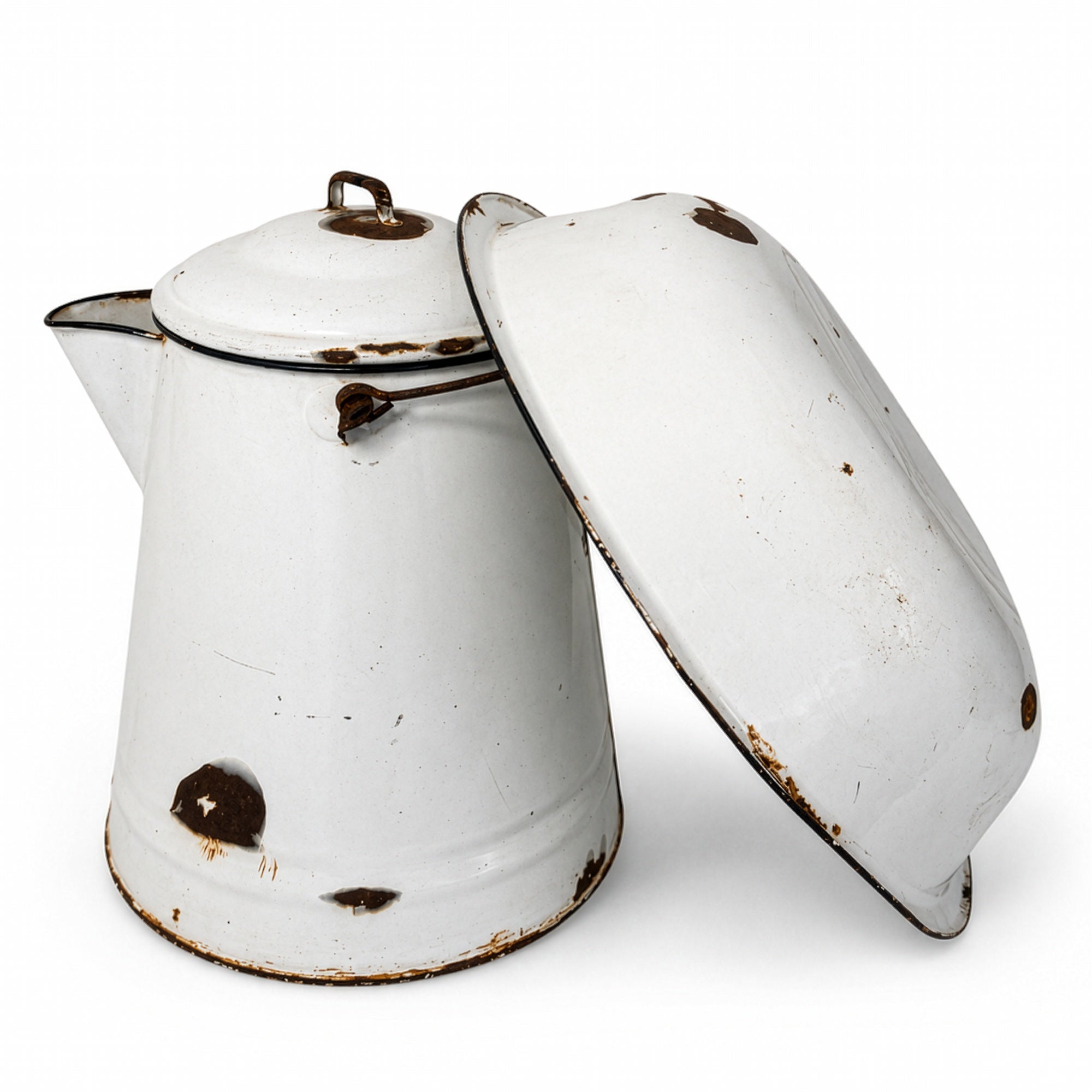 Vintage White &amp; Black Enamelware Coffee Pot and Wash Basin Set, 1920s