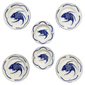Vintage Set of Six Chinese Enamelware Plates with Blue and White Koi Fish Design