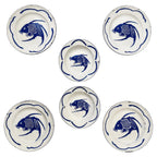 Vintage Set of Six Chinese Enamelware Plates with Blue and White Koi Fish Design